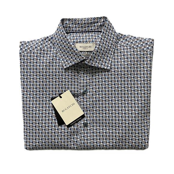 Bugatchi Dress Shirt Men's Small Long Sleeve Button-Up Blue Brown Geo NEW